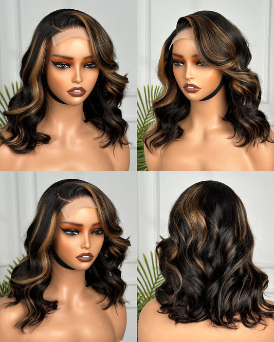 4*4 closure gold highlights wavy wig 12”
